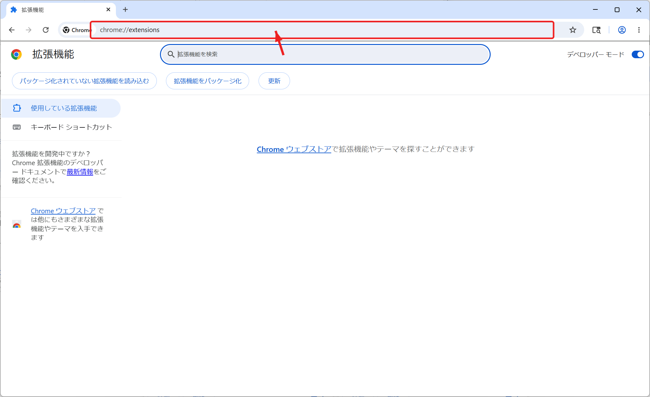 Chromeのアドレスバーにchrome://extensions/を入力する画面