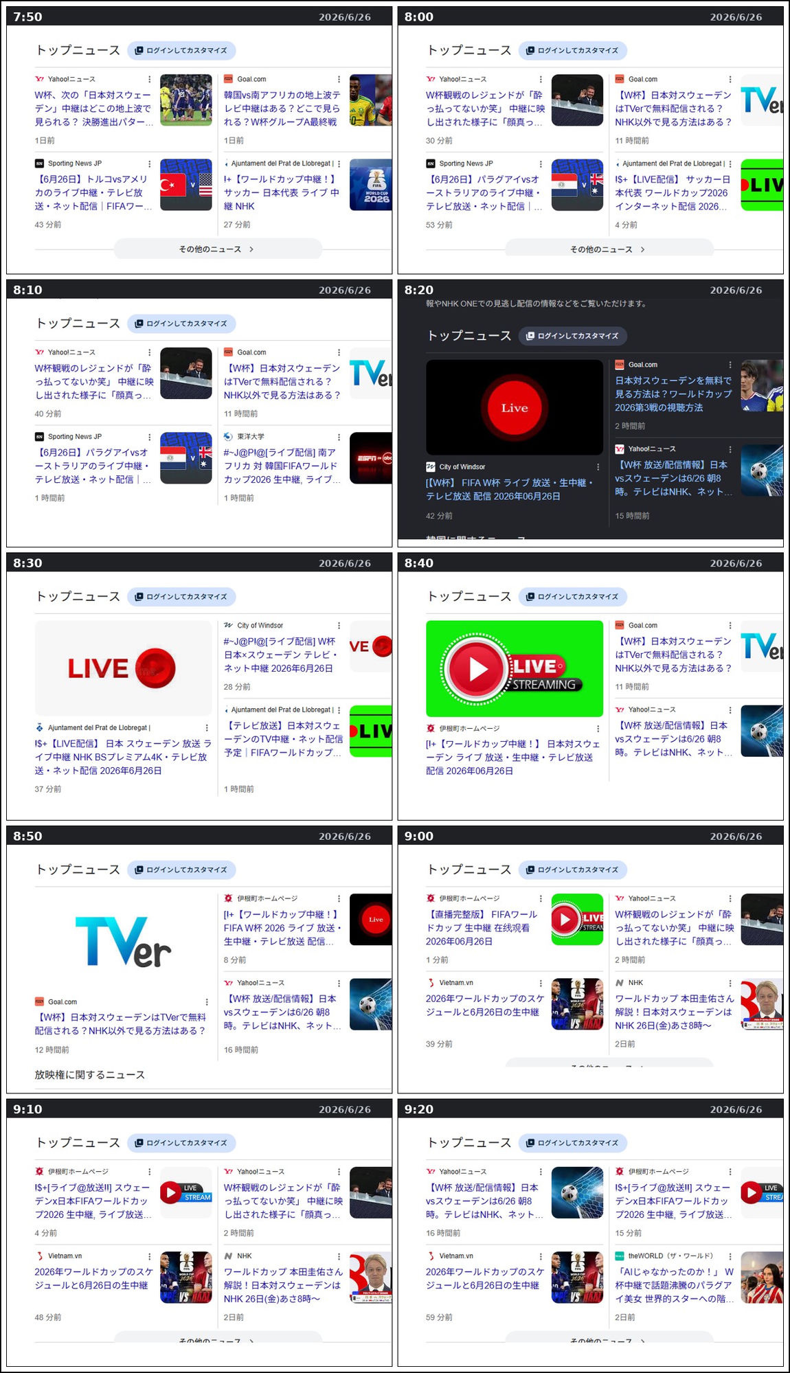 「ワールドカップ 中継」の検索結果を約10分おきに記録した時系列。偽の配信ページが入れ替わりながらトップニュース枠に出続けている様子